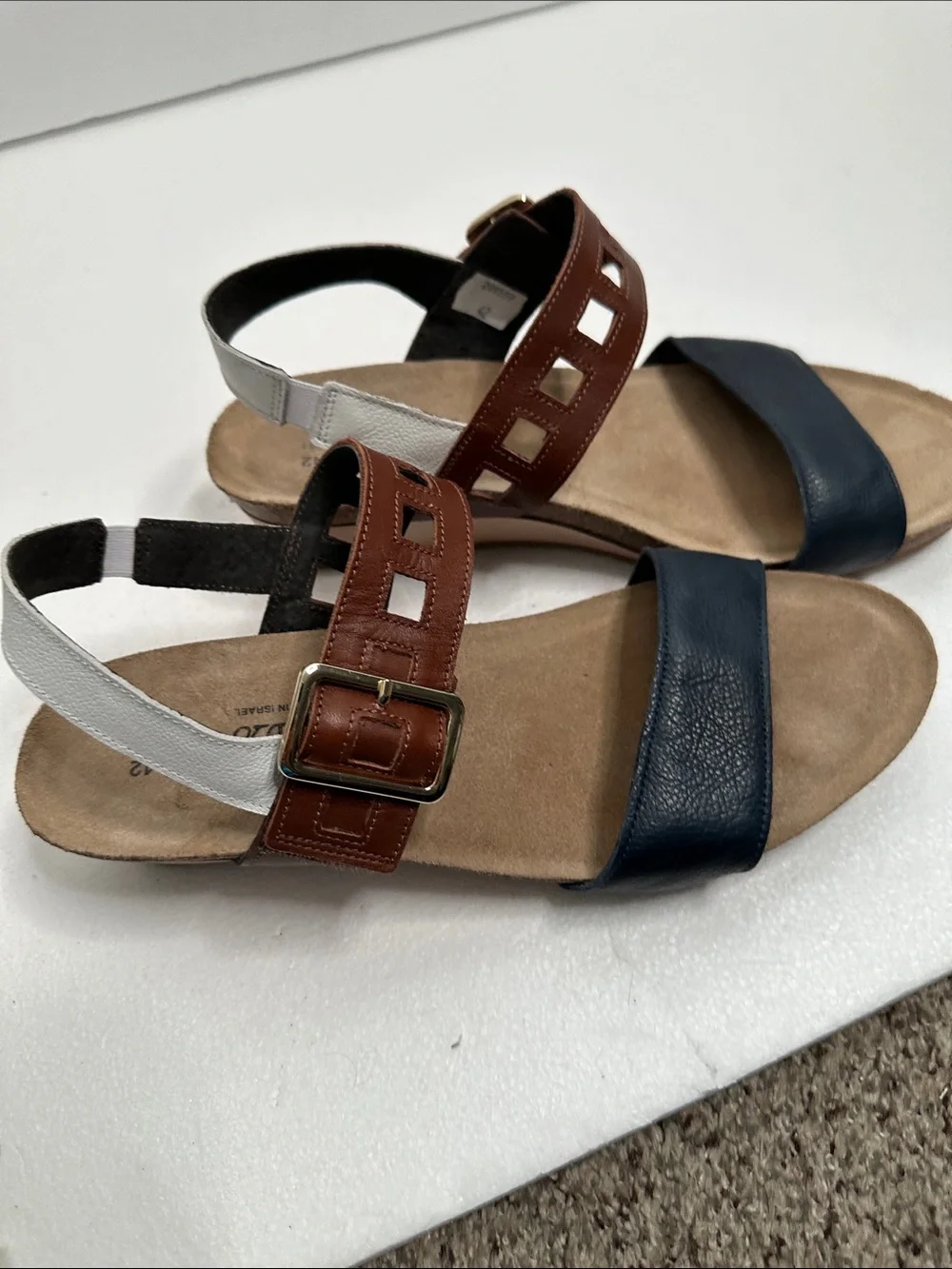 NAOT dynasty wedge Leather Slingback Sandals in Brown and Navy white size 4